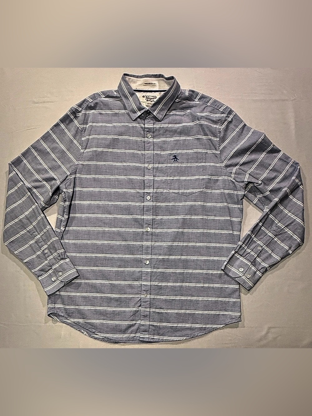 Original Penguin Men’s XL Heritage Slim Fit Striped Button Down Shirt Blue